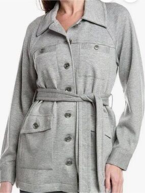 Cabi grab and go Light Gray Button-Front Belted Knit Jacket